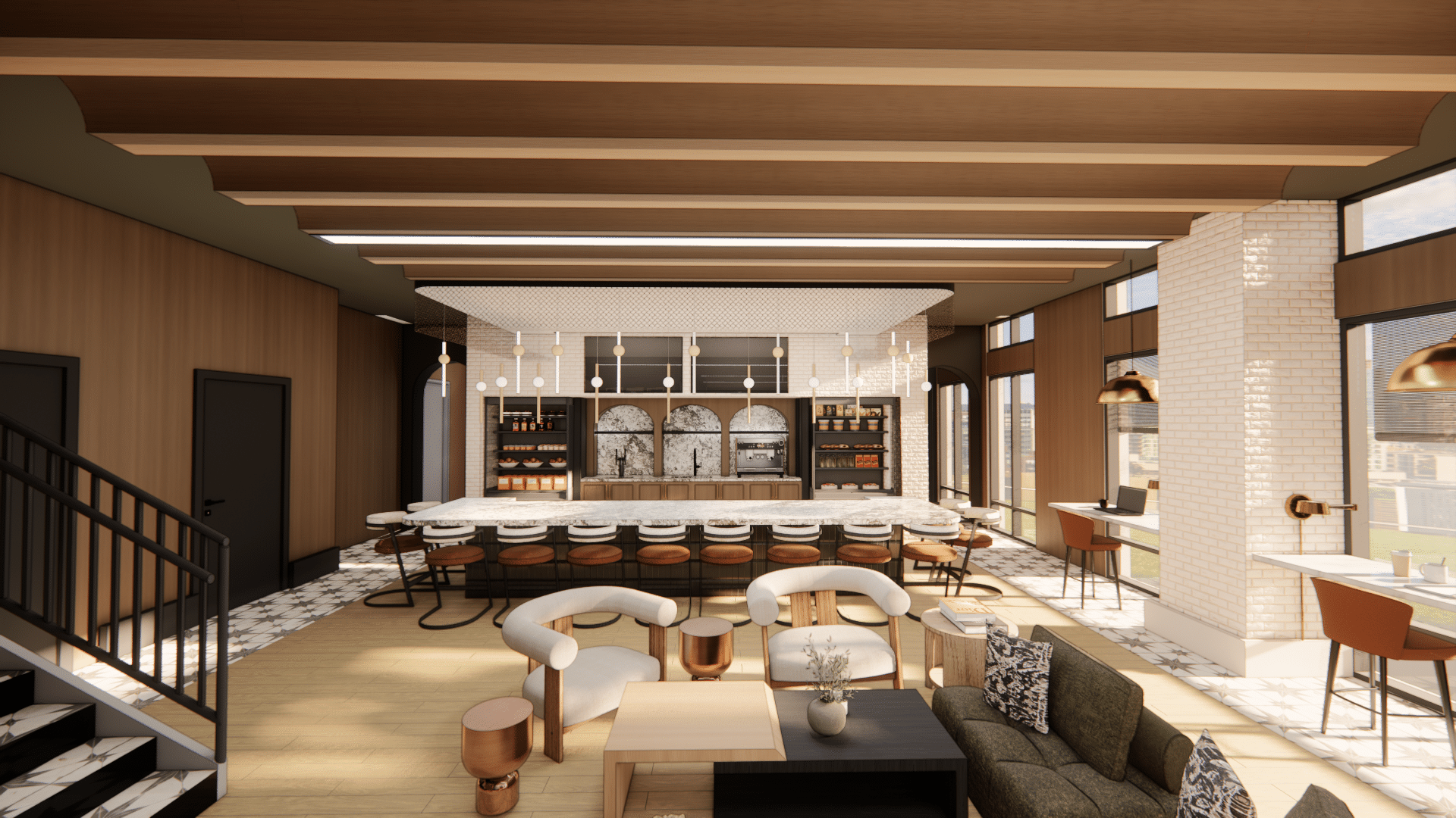 coffee shop - olive ceiling wood wall - bar